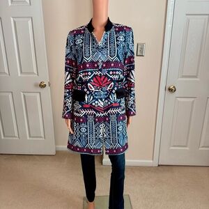 Bohemian Velvet Trim Long Blazer Tribal Print Native Indie Colorful Floryday Med
